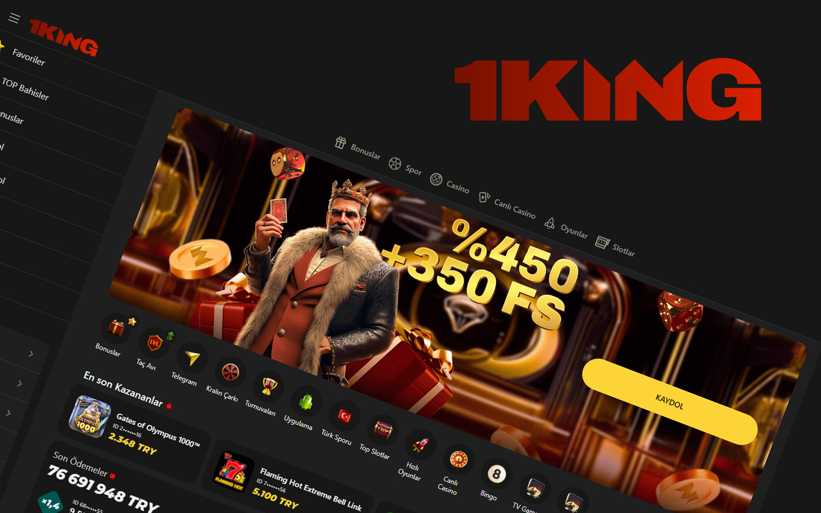 1King giriş sayfasında yeşil tonların hakim olduğu spor odaklı ana ekran tasarımı.