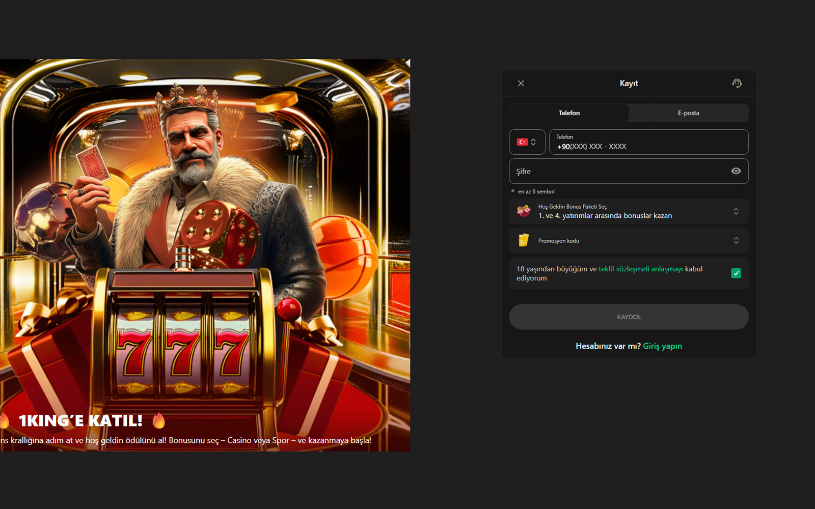1King kayıt ekranında mobil uyumlu tek sütunlu form yapısı ile rahat doldurulabilen sayfa.