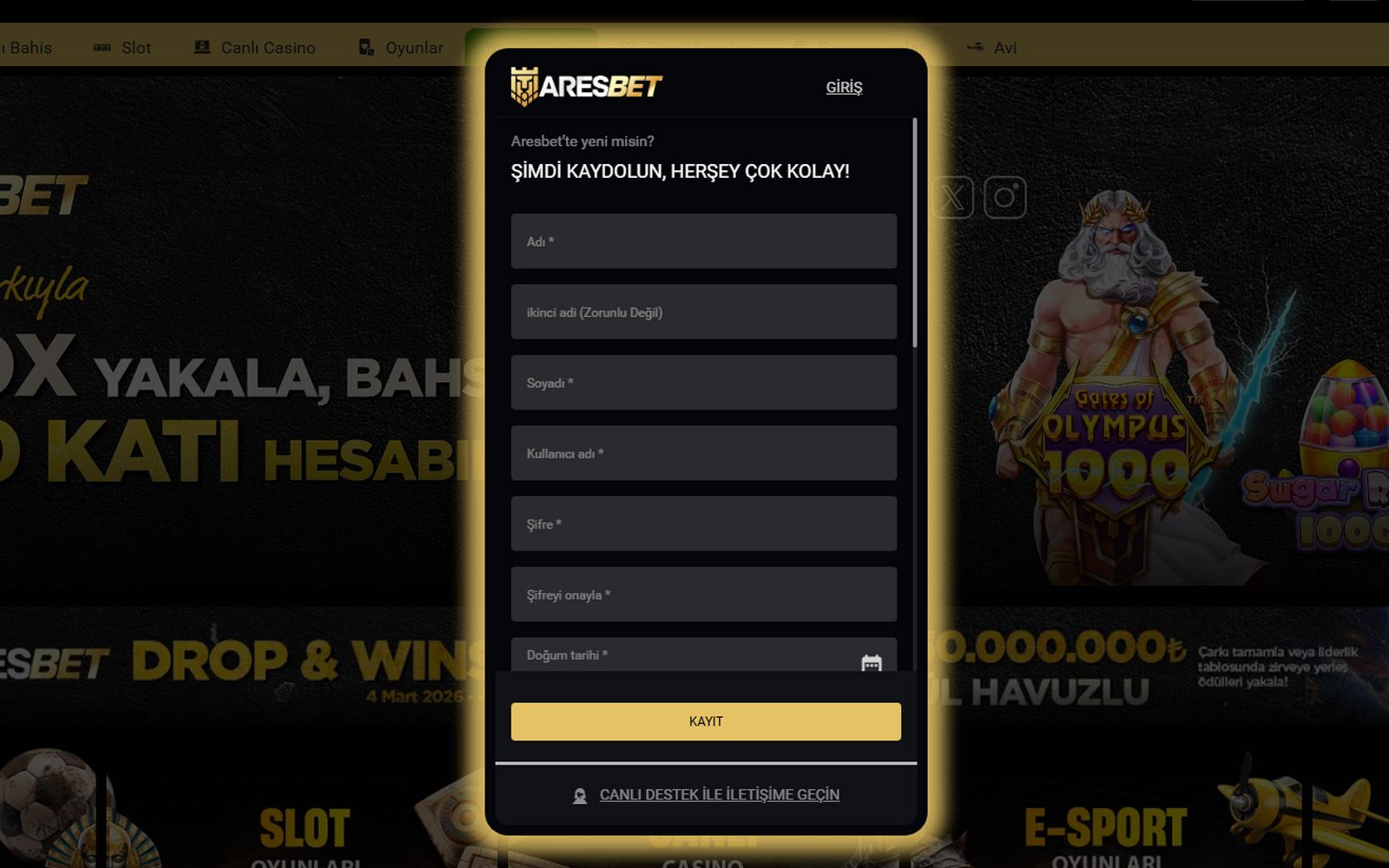 Aresbet kayıt sayfasında üst kısımda logo, altında yeni üyelik formu ve girişe dön bağlantısının yer aldığı tasarım.