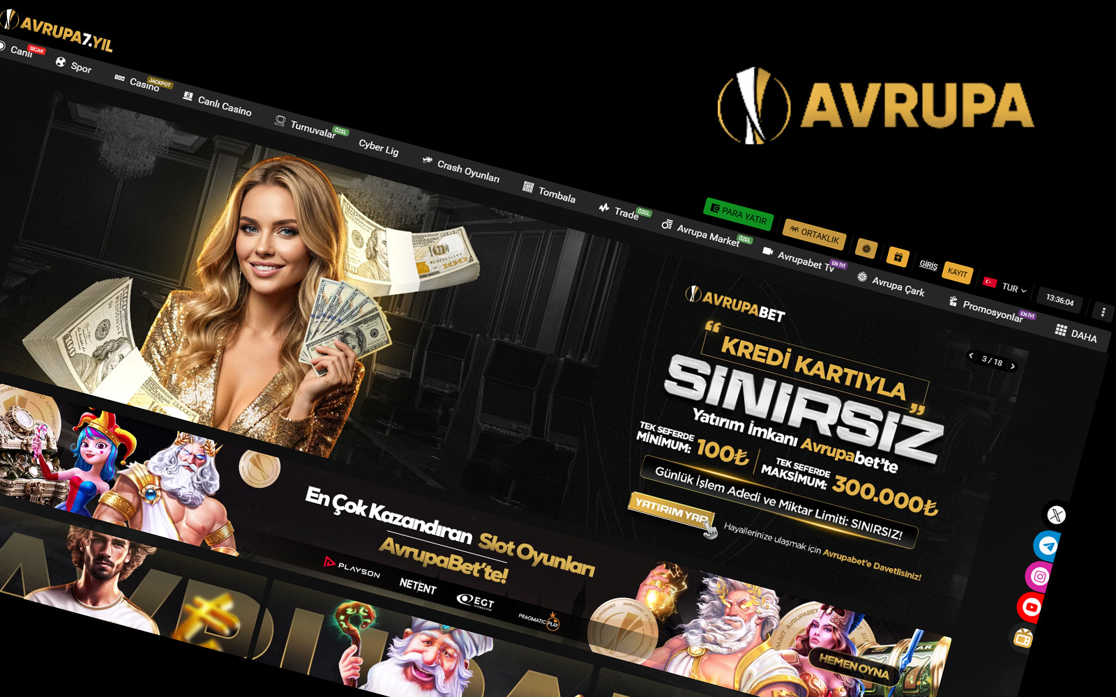 Avrupabet giriş anasayfasında masaüstü versiyonda geniş ekran yapılandırması ve sol menü detayları.