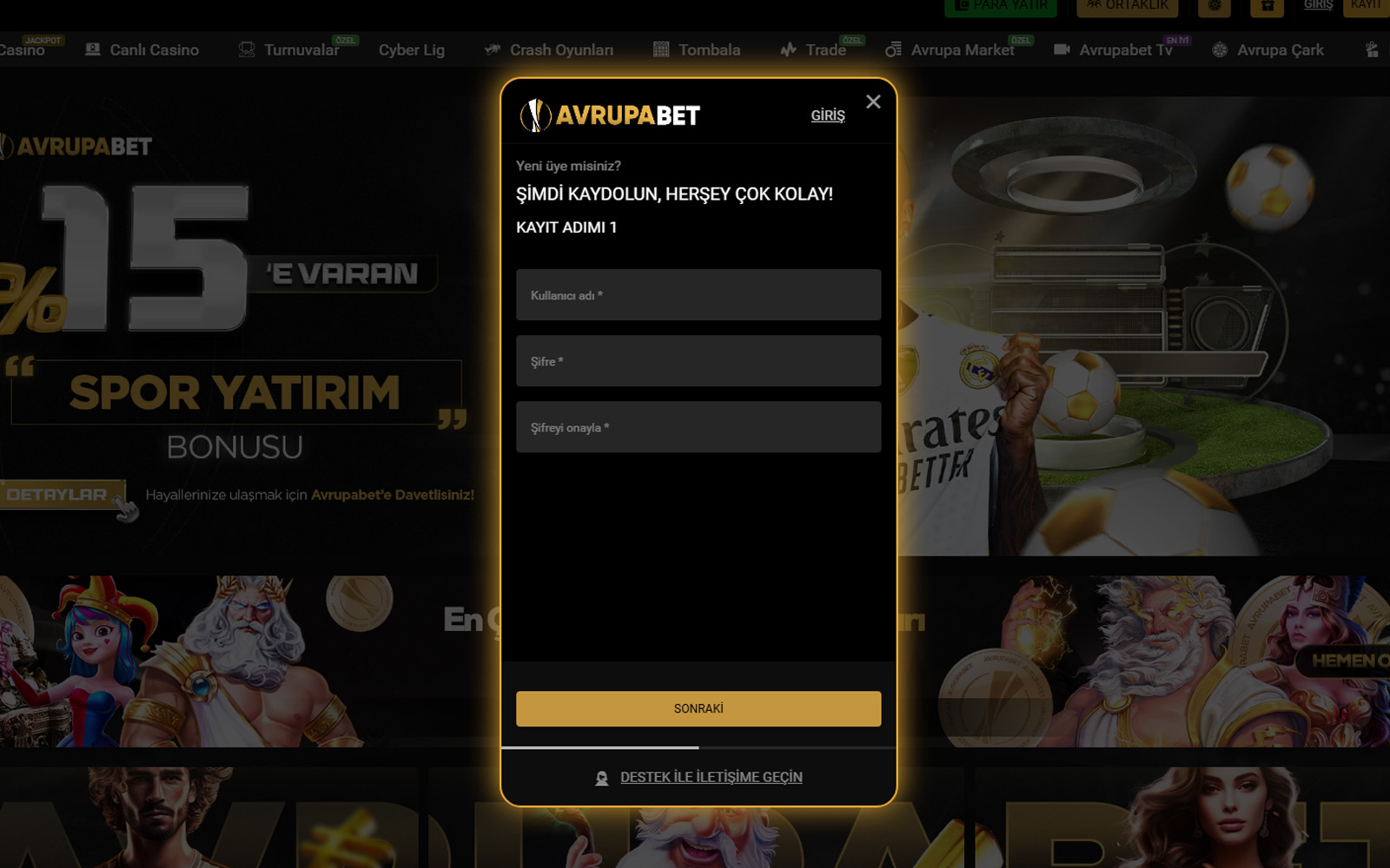 Avrupabet kayıt sayfasında şartları kabul et kutucuğu ve onayla butonunun yer aldığı alt bölüm.