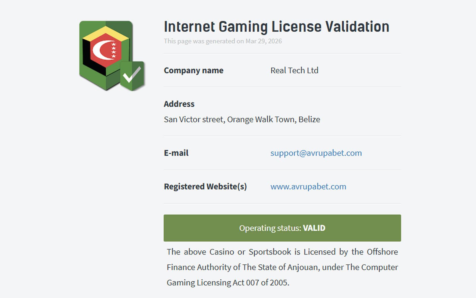 Avrupabet lisans sayfasında uluslararası denetim ve sertifikasyon vurgusu yapan tanıtıcı metinlerin görüldüğü görünüm.