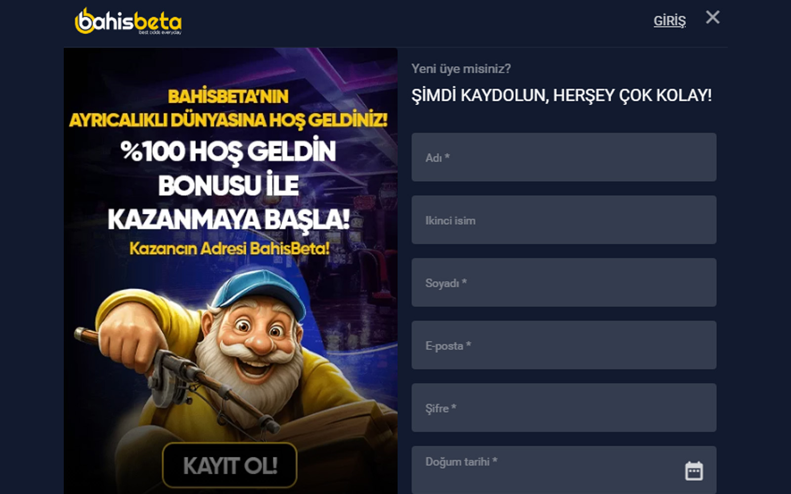 Bahisbeta kayıt ekranında şifre belirleme ve şifre tekrar alanlarının alt alta sıralandığı görünüm.