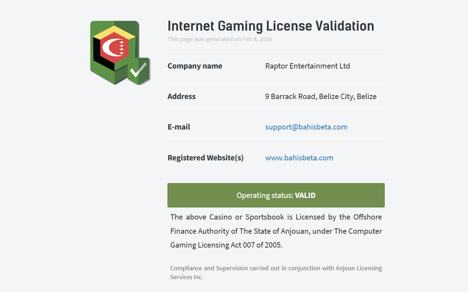 Bahisbeta lisans ekranında kullanıcıların inceleyebilmesi için detaylandırılmış lisans politikası ve destek bağlantıları.