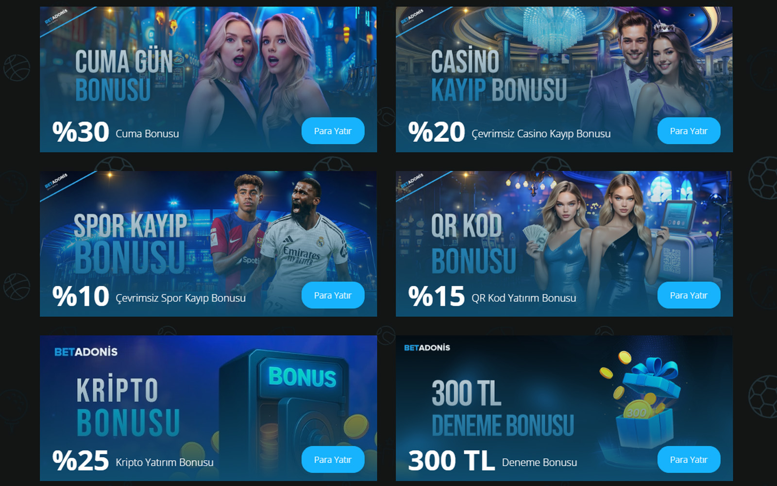 Betadonis bonus sayfasında her kampanyanın yanında şartları incele butonu ve kısa özet metninin bulunduğu tasarım.