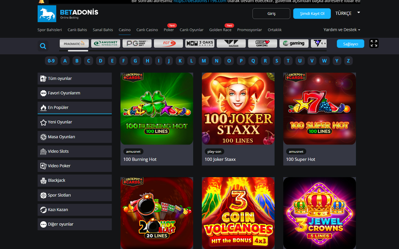 Betadonis giriş sayfasında üst menüde spor, canlı bahis ve casino sekmelerinin öne çıktığı arayüz.