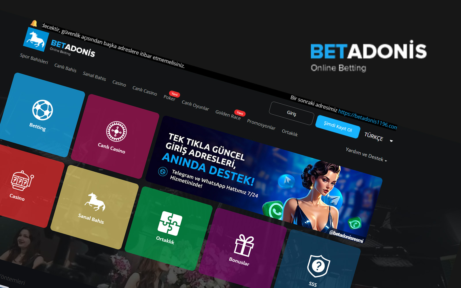 Betadonis giriş sayfasında yeşil tonların hakim olduğu spor odaklı ana ekran tasarımı.