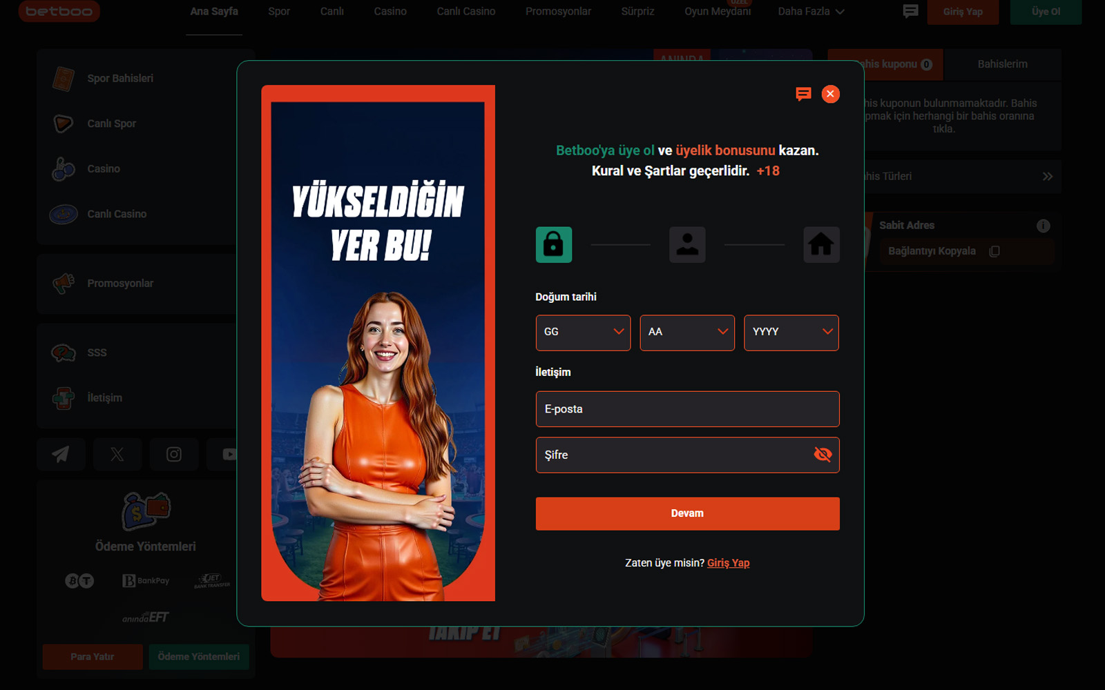 Betboo kayıt sayfasında daha önce hesap açmış kullanıcılar için giriş bağlantısının alt bölümde gösterildiği arayüz.
