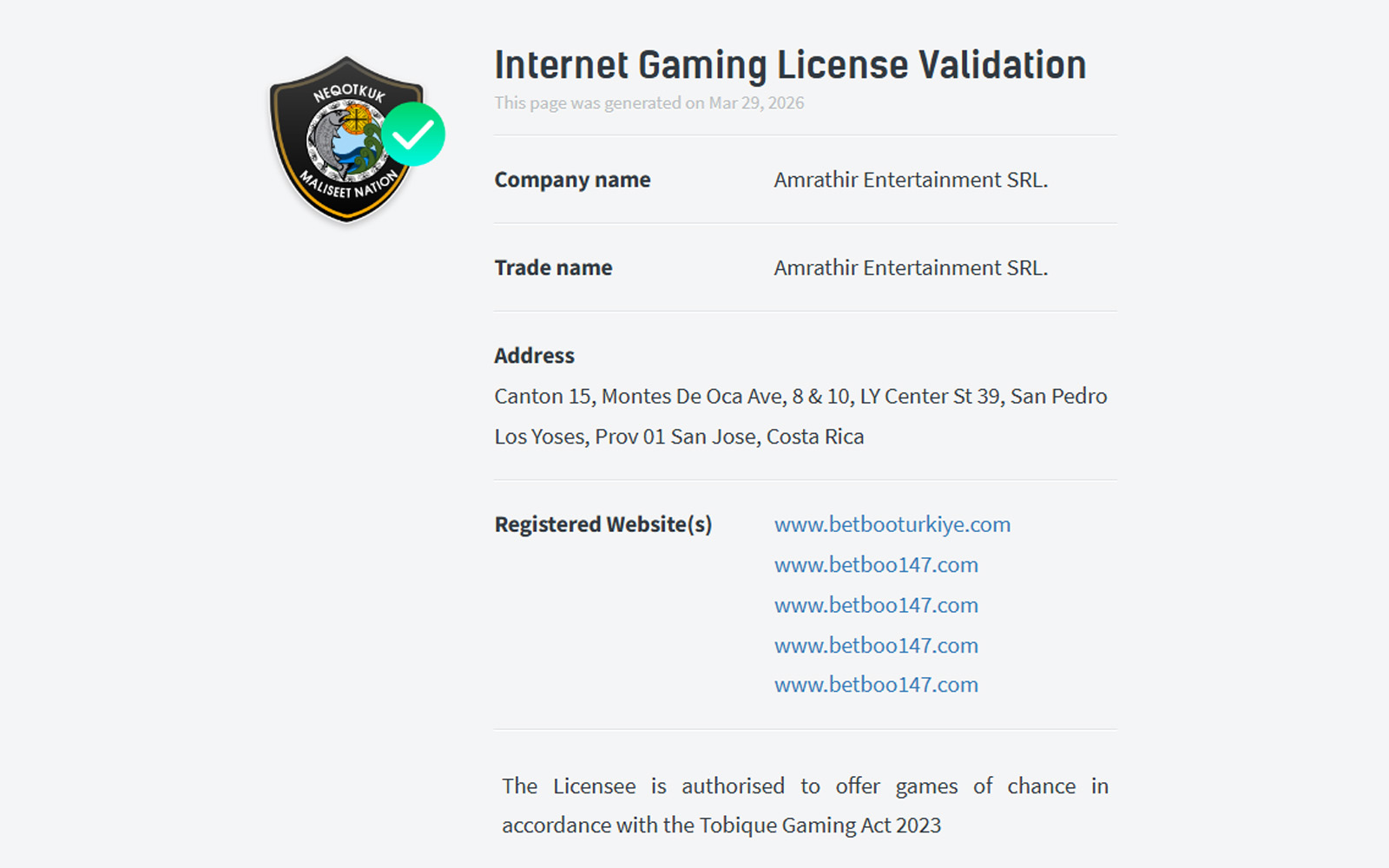 Betboo lisans sayfasında oyunculara yönelik güvenilirlik ve şeffaflık vurgusu yapan açıklama metni.