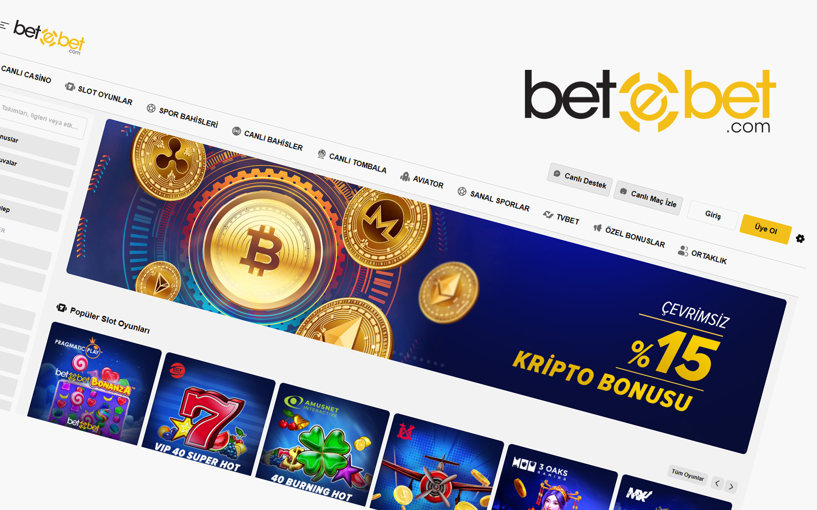 Betebet giriş ekranında kullanıcı odaklı, büyük butonlar ve net kategori başlıklarıyla hazırlanmış arayüz.