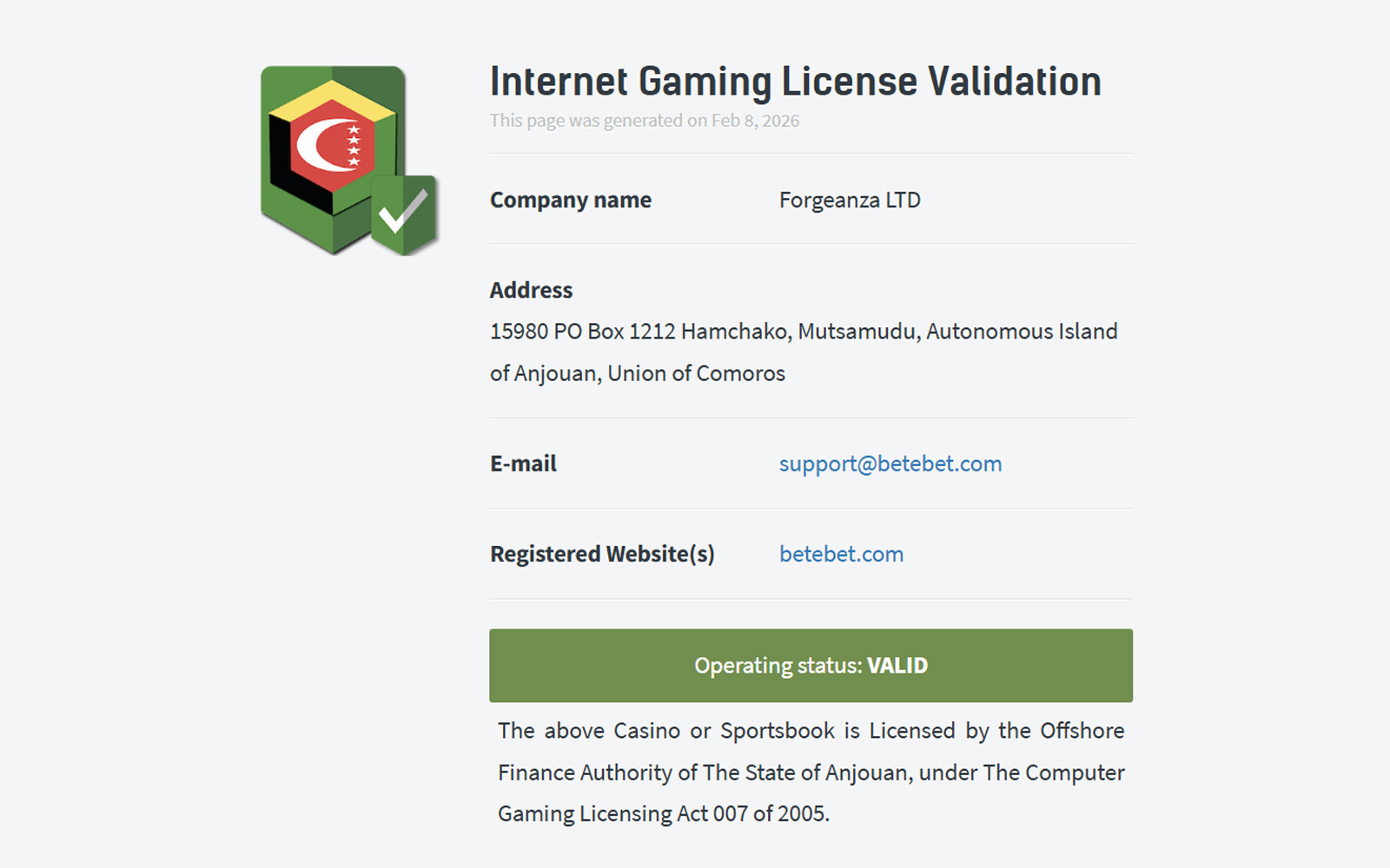 Betebet lisans sayfasında alt bölümde yer alan kullanım şartları ve lisans referans bağlantılarının görüldüğü ekran.