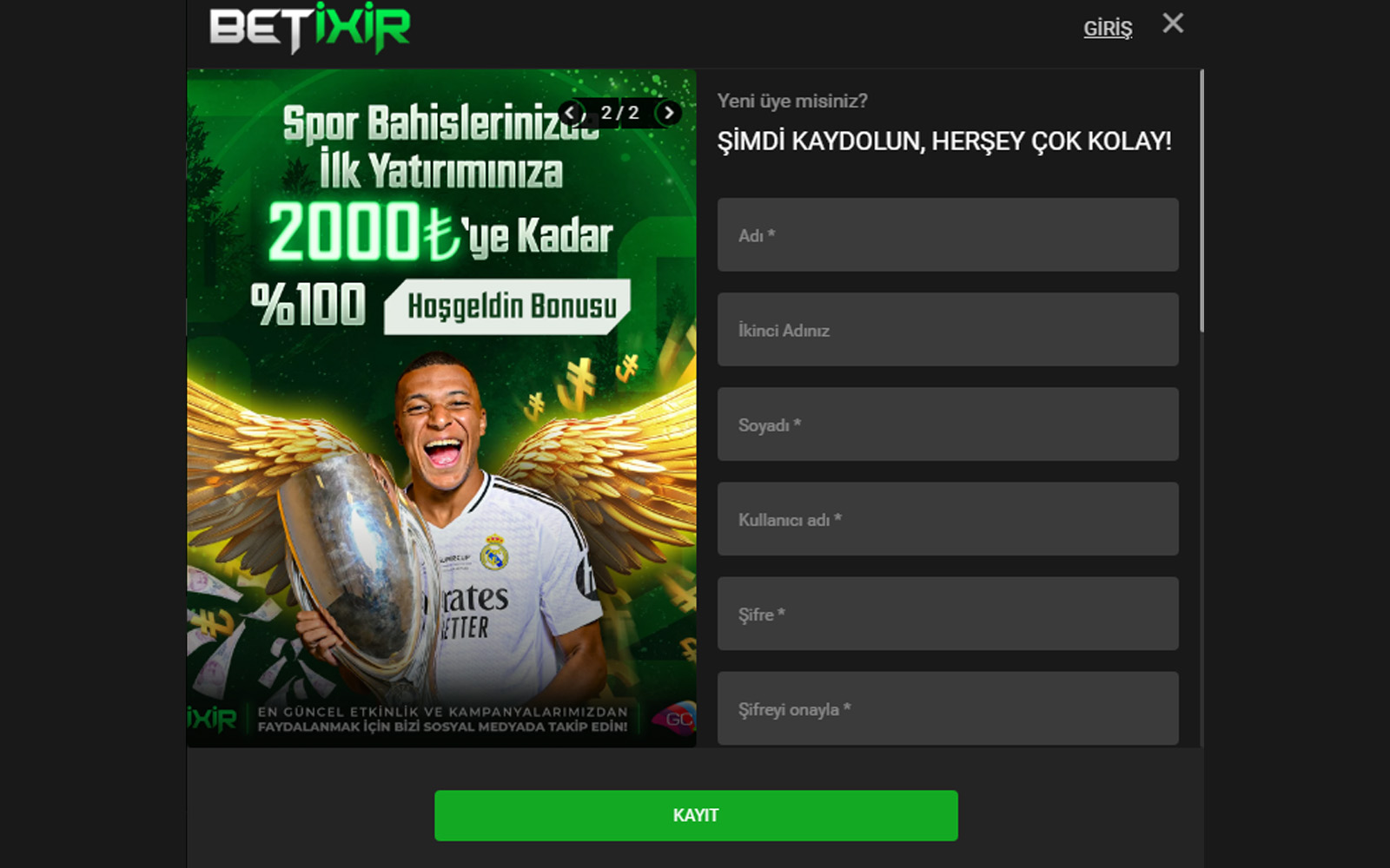 Betixir kayıt ekranında ülke, para birimi ve telefon numarası seçim alanlarının görüldüğü sayfa.