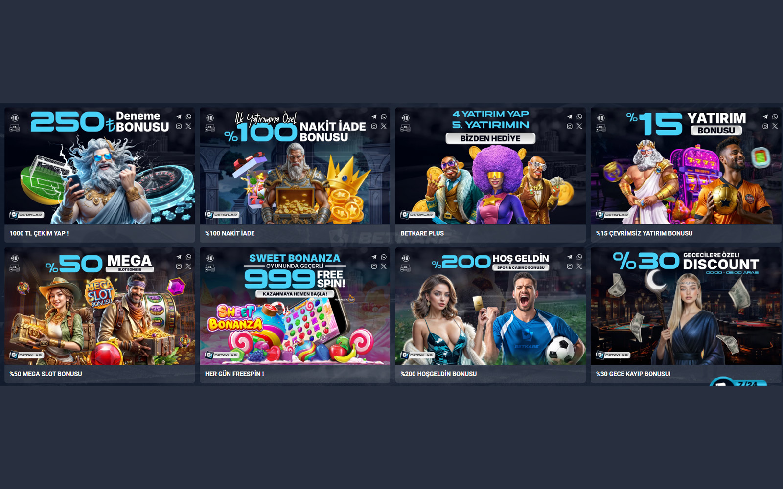 Betkare bonus sayfasında hesap hareketlerine göre otomatik tanımlanan sürpriz bonus kampanyalarının listelendiği görünüm.