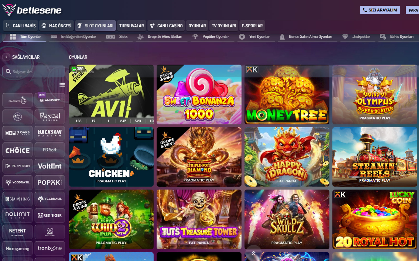 Betlesene casino bölümünde en çok oynanan slot oyunları ve yeni eklenen oyunların listelendiği arayüz.