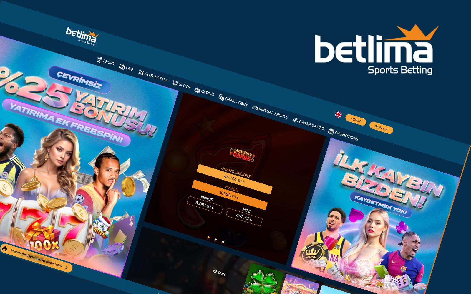 Betlima giriş ekranında ana banner altında öne çıkan ligler ve popüler maçların listelendiği bölüm.