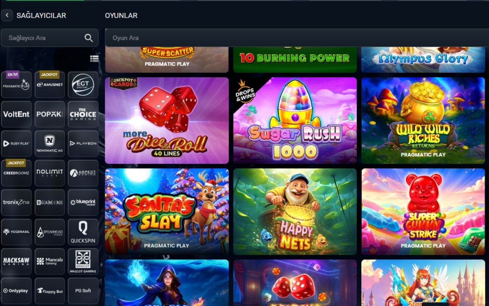 Betmabet casino sayfasında popüler slot oyunlarının vitrinde sıralandığı ekran görüntüsü.