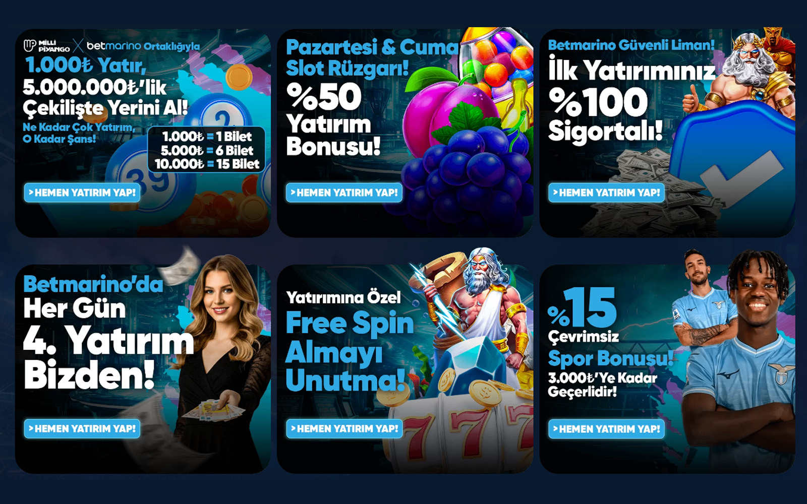 Betmarino bonus sayfasında yeni üye hoş geldin bonus kampanyalarının listelendiği ekran görüntüsü.