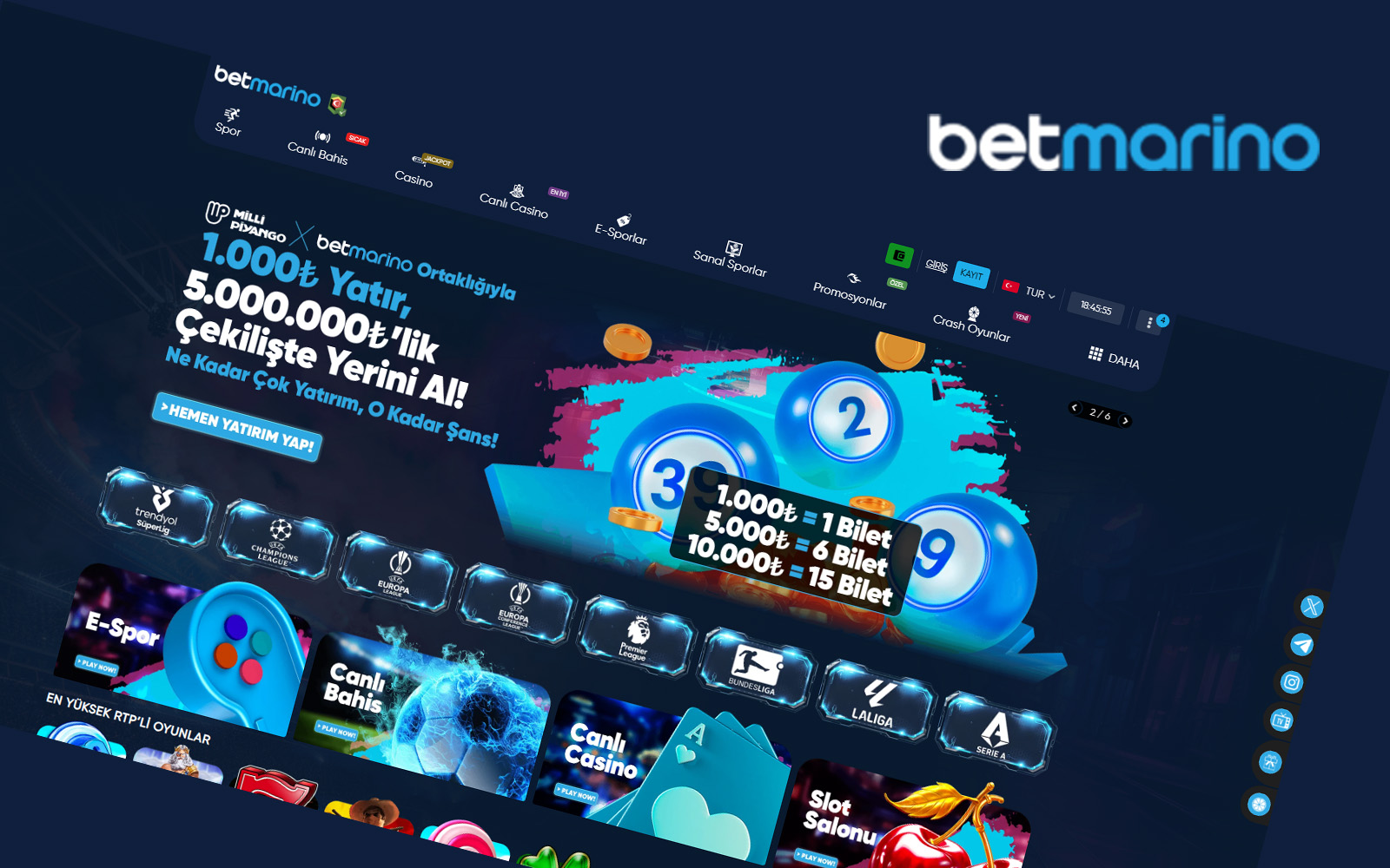 Betmarino mobil uygulama tanıtımında hızlı giriş ve tek tıkla kupon yapma avantajlarının anlatıldığı sayfa.