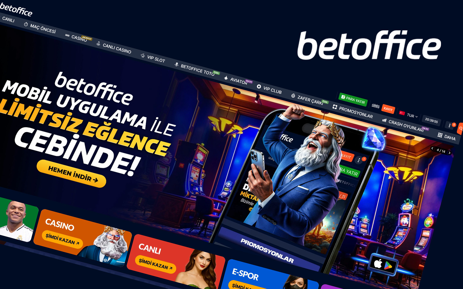 Betoffice giriş ekranında sağ üst kısımda giriş ve kayıt ol alanlarının bulunduğu görünüm.