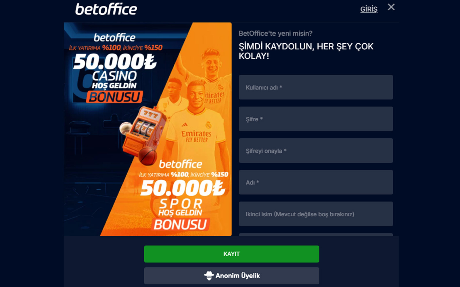 Betoffice kayıt ekranında şifre belirleme ve şifre tekrar alanlarının alt alta sıralandığı görünüm.