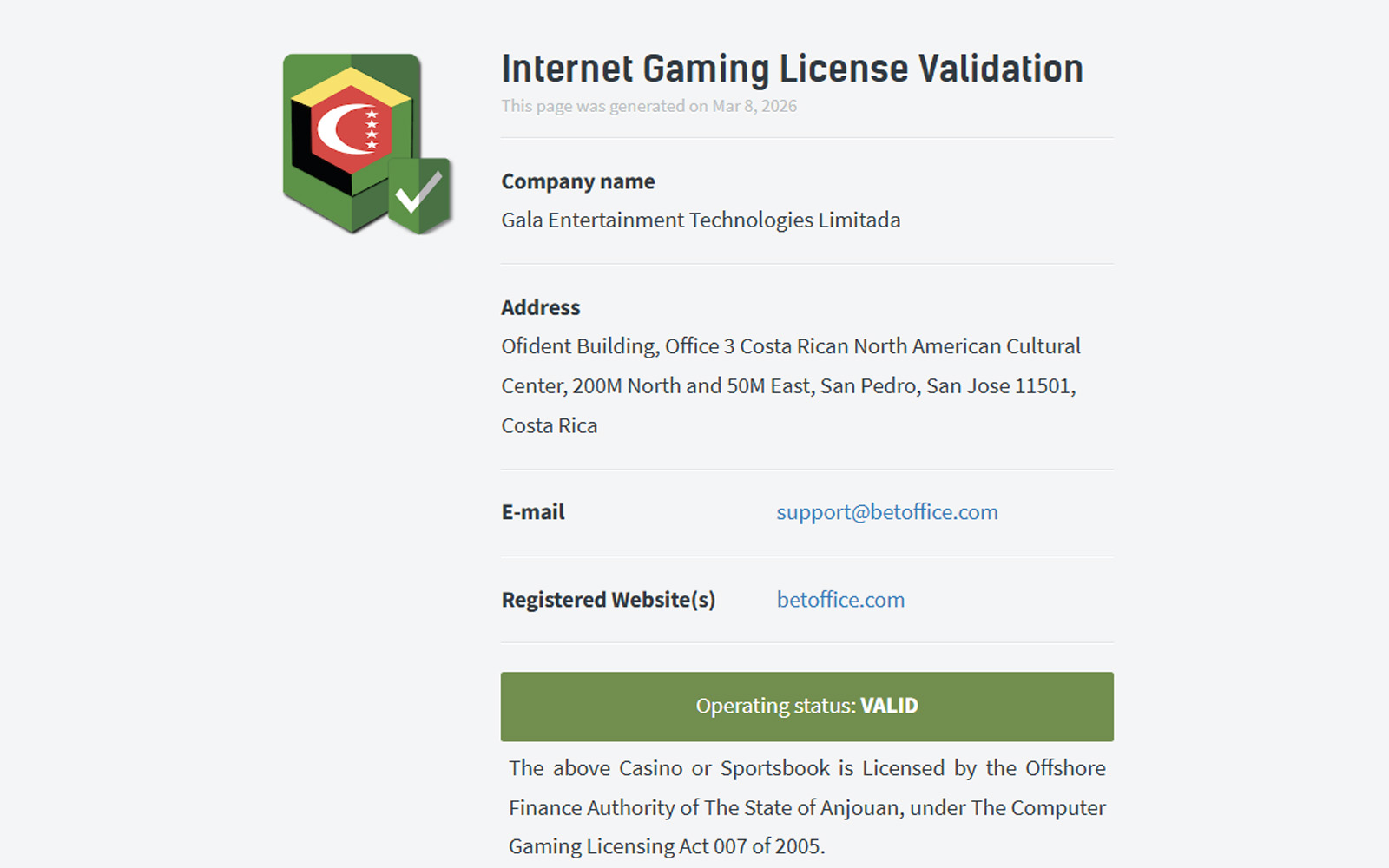 Betoffice lisans ekranında lisans numarası, geçerlilik tarihi ve kayıtlı adres bilgisinin birlikte gösterildiği alan.