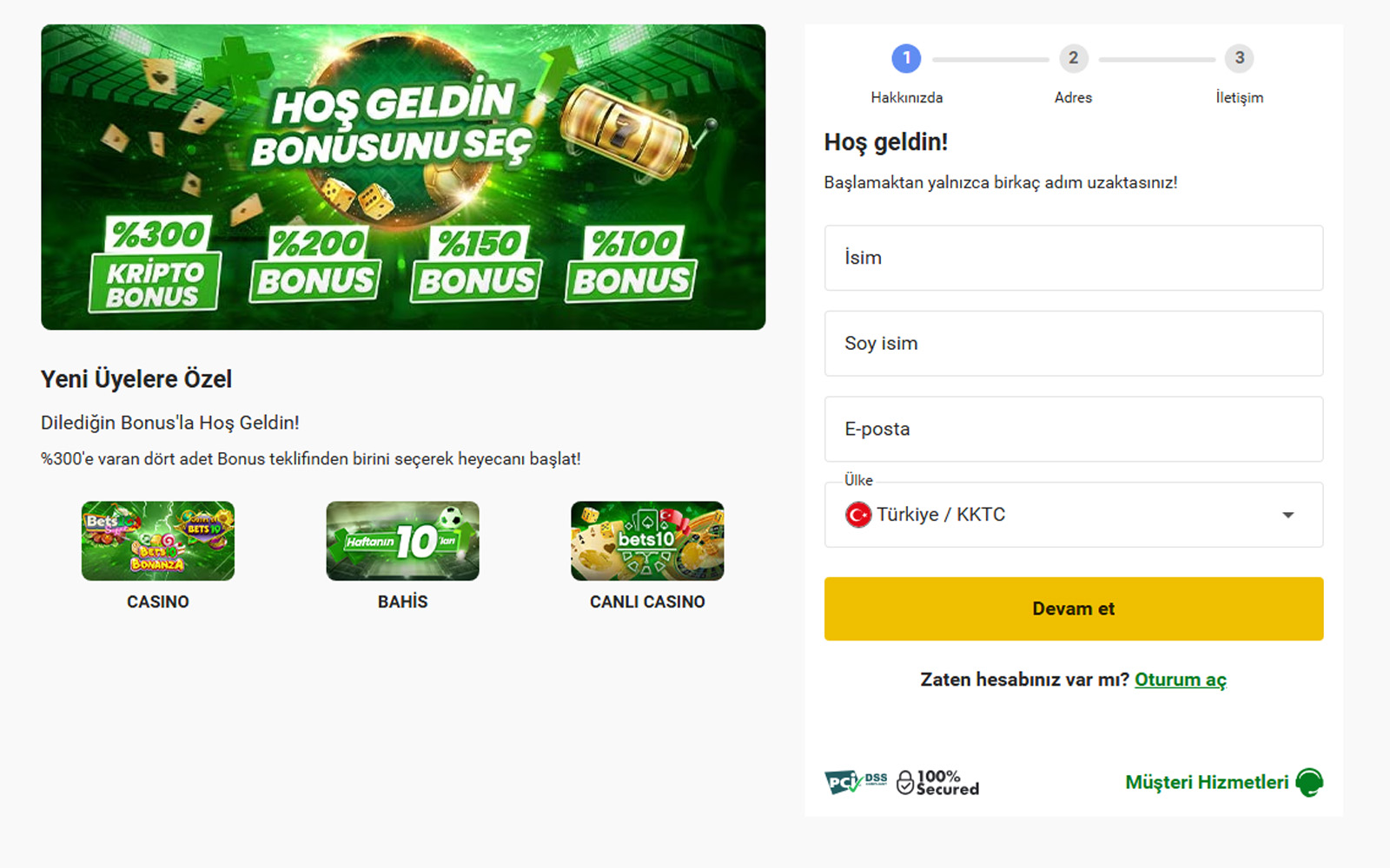 Bets10 kayıt sayfasında tek adımda üyelik oluşturmaya odaklanan sade form tasarımı.