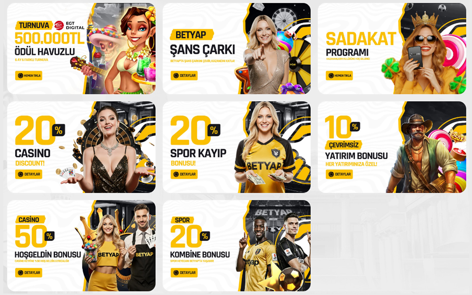 Betyap bonus sayfasında yeni çıkan kampanyaları vurgulayan öne çıkan bonus etiketiyle işaretli kutucuklar.