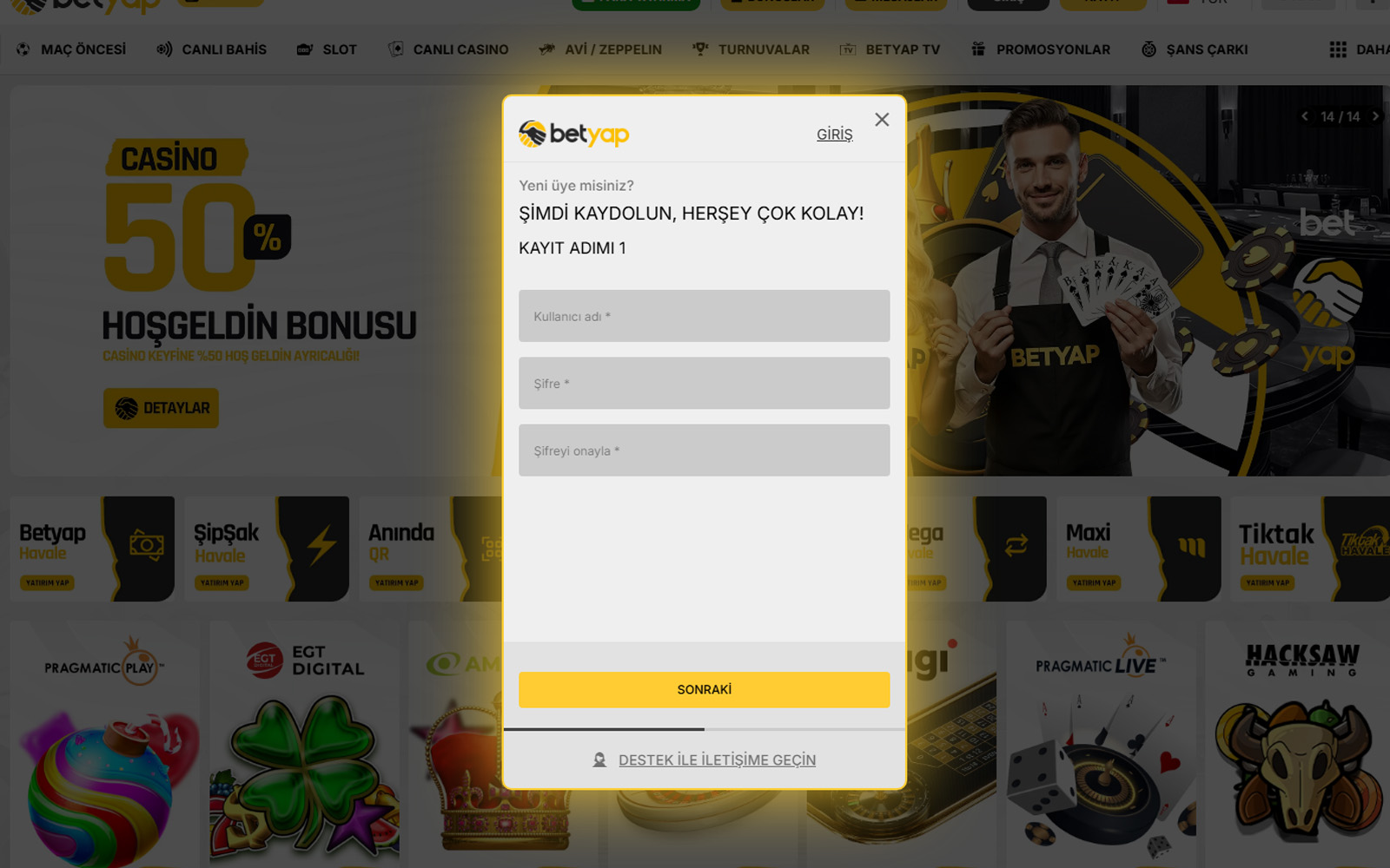 Betyap kayıt sayfasında ad, soyad ve doğum tarihi alanlarının yer aldığı temel form görünümü.