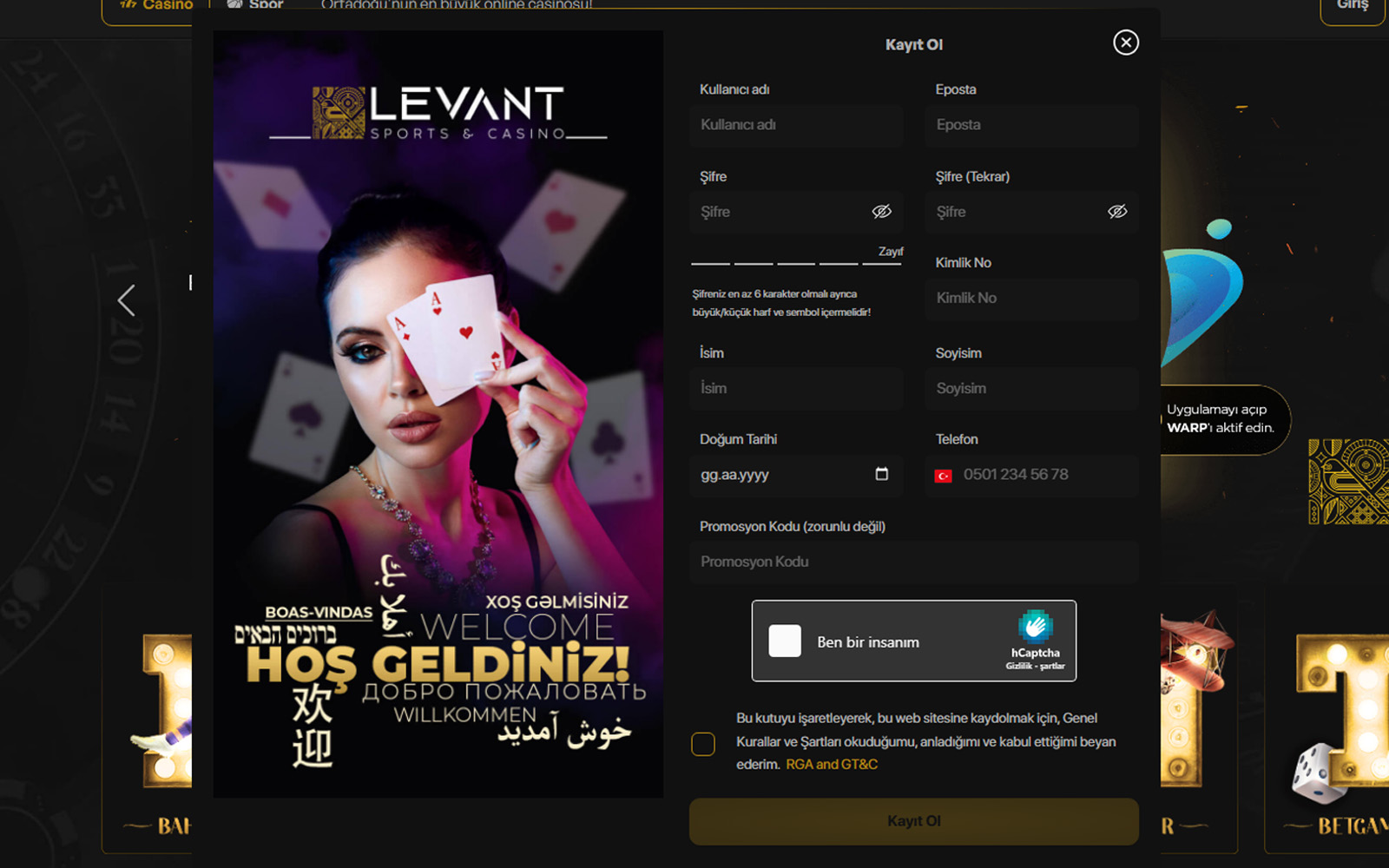 Casinolevant kayıt sayfasında güvenlik amacıyla eklenen basit doğrulama kodu alanının bulunduğu bölüm.