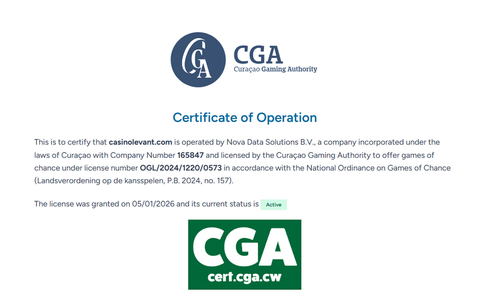 Casinolevant lisans ekranında ülke bilgisi, kayıtlı şirket unvanı ve lisans sağlayıcı kurumun yer aldığı tablo.