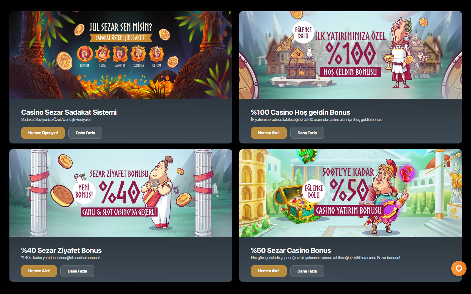 Casinosezar bonus sayfasında cashback bonus ve kayıp iadesi tekliflerinin oranlarıyla birlikte gösterildiği görünüm.