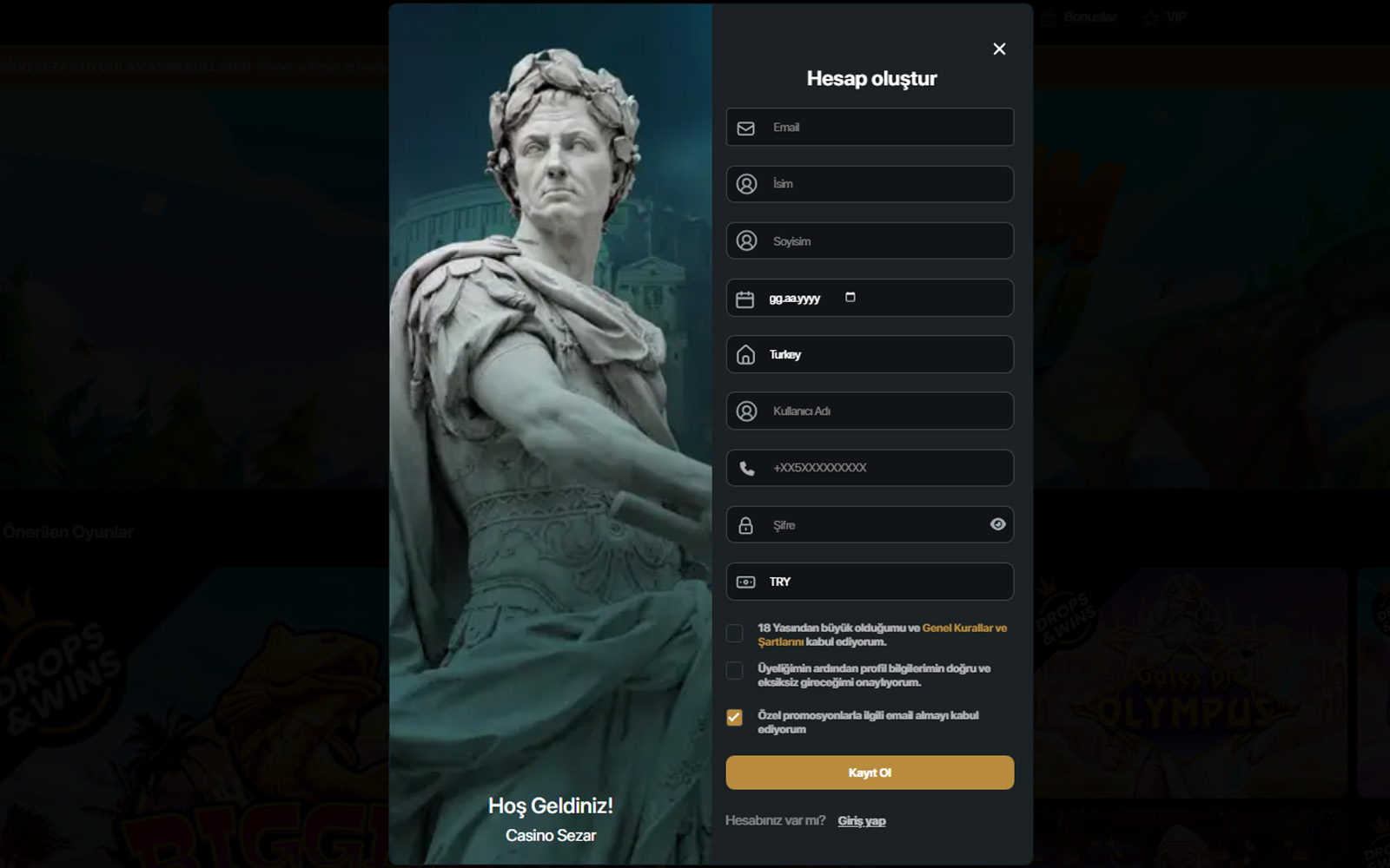 Casinosezar kayıt ekranında mobil numara doğrulaması için hazırlanan giriş alanlarının bulunduğu sayfa.