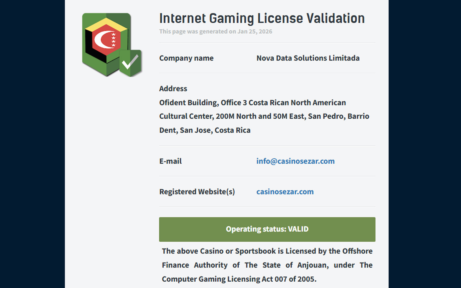 Casinosezar lisans ekranında şirket adı, kayıt numarası ve denetleyici kurum detaylarının yer aldığı görünüm.