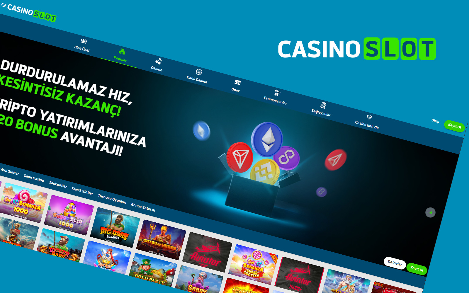 Casinoslot giriş anasayfasında üst bölümde logo, giriş paneli ve promosyon duyurularının yer aldığı tasarım.