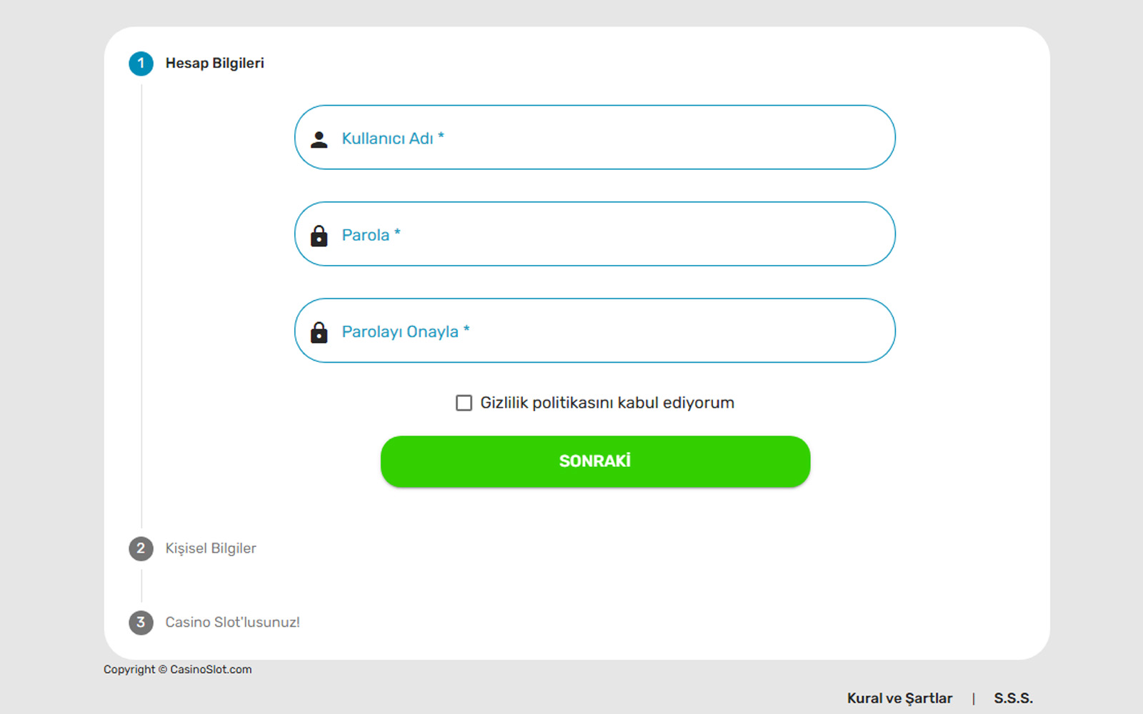 Casinoslot kayıt sayfasında formun hemen yanında hızlı kayıt avantajlarını sıralayan bilgilendirme kutusu.