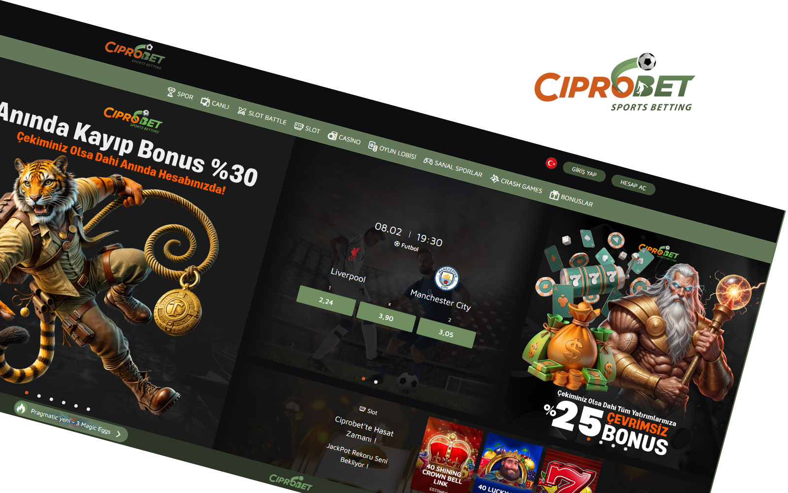 Ciprobet giriş sayfasında sitenin marka kimliğini öne çıkaran logo yerleşimi ve ana menü düzeni.
