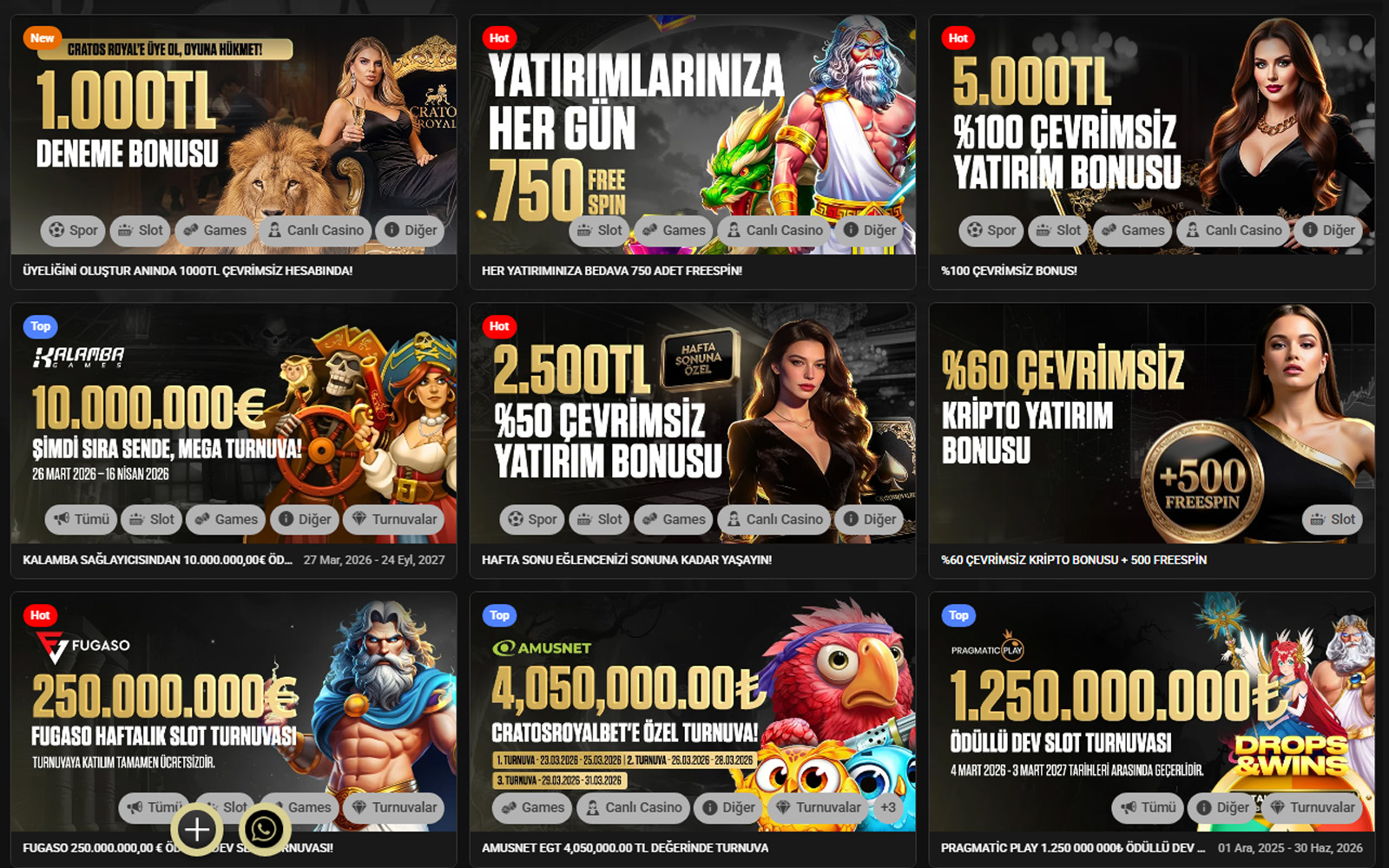 Cratosroyalbet bonus sayfasında hesap hareketlerine göre otomatik tanımlanan sürpriz bonus kampanyalarının listelendiği görünüm.