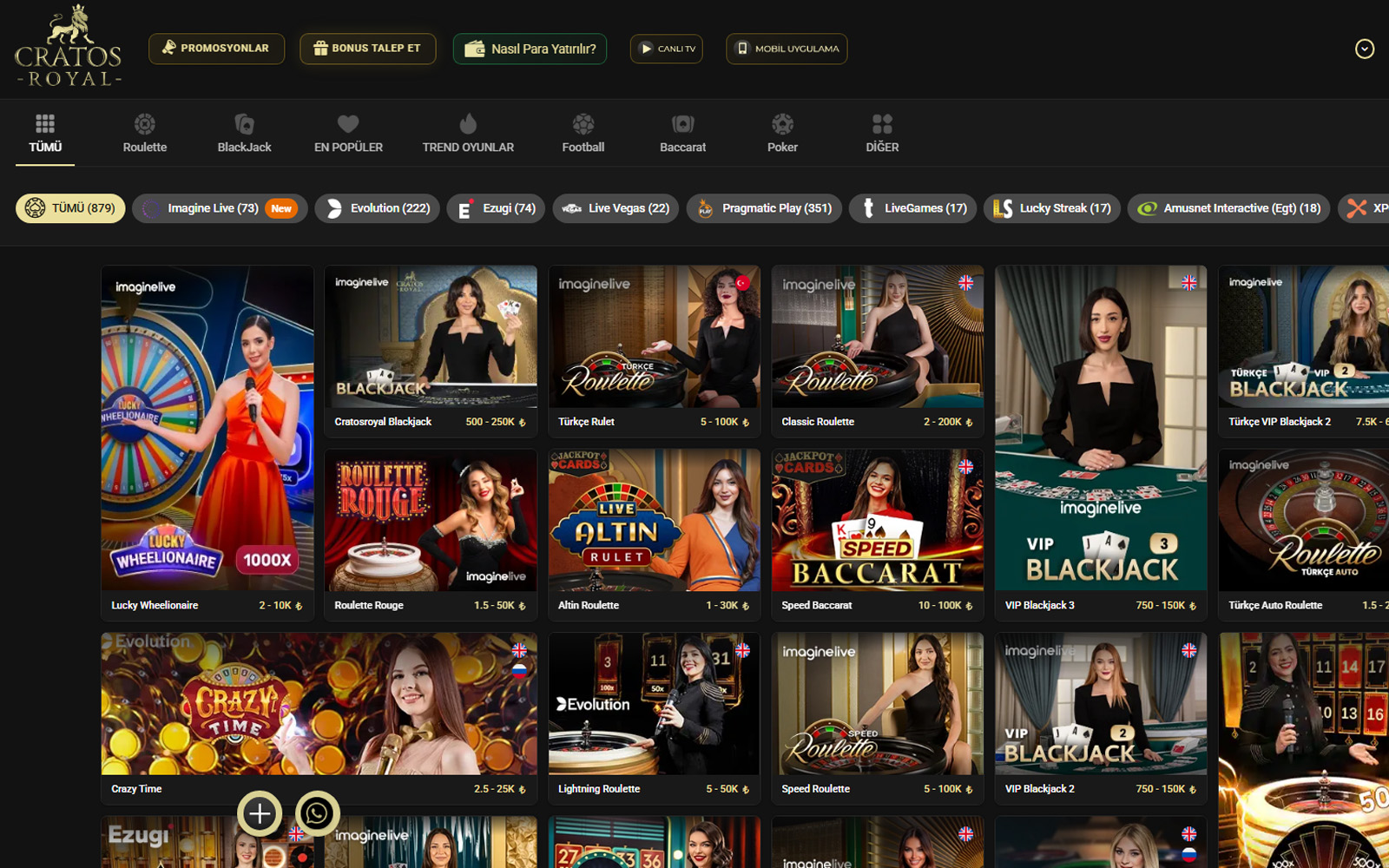 Cratosroyalbet casino lobisinde sağlayıcı filtreleri ve oyun kategorilerinin görüldüğü masaüstü görünümü.