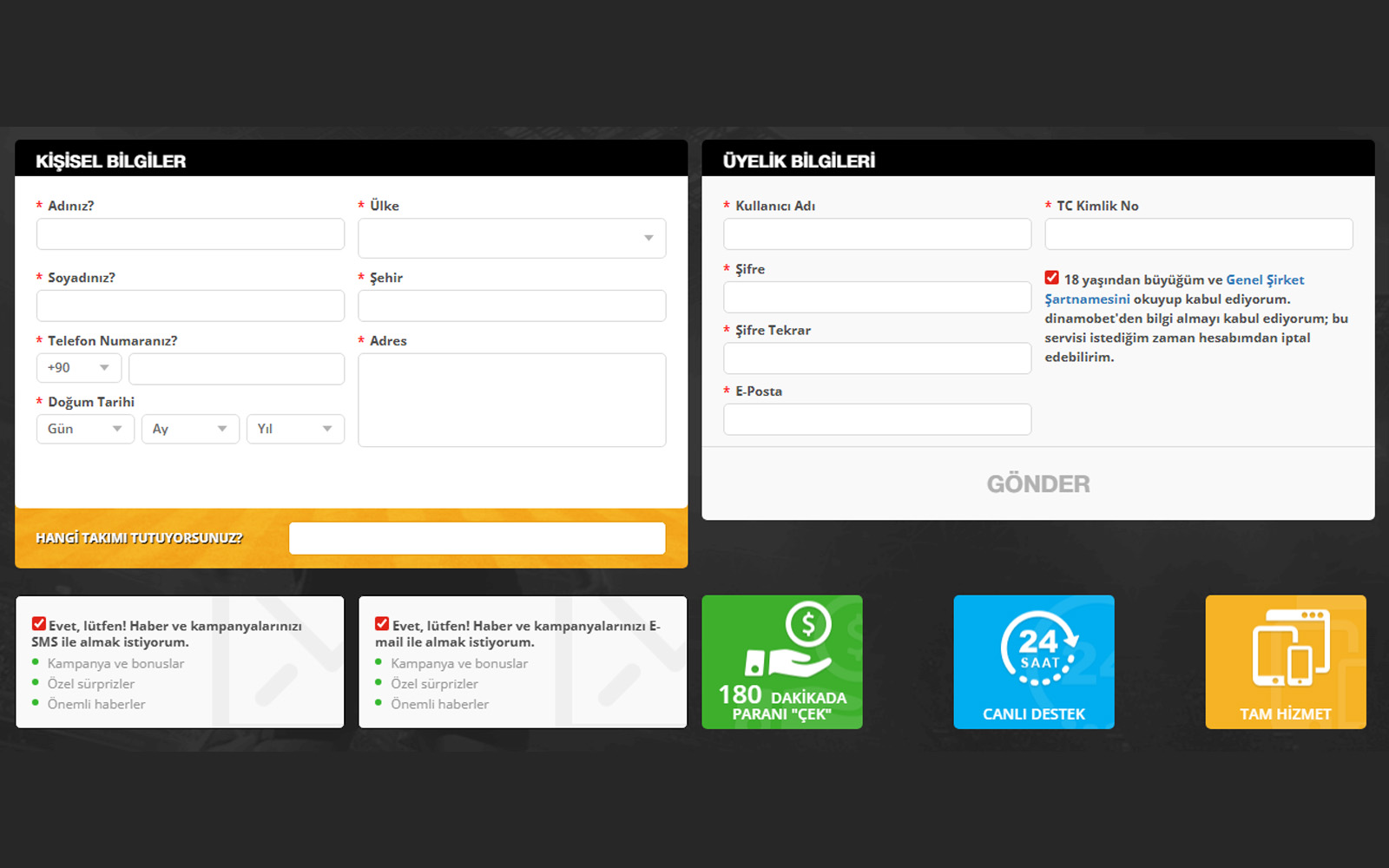 Dinamobet kayıt ekranında form doldurulurken ilerleme çubuğu ile sürecin gösterildiği modern tasarım.