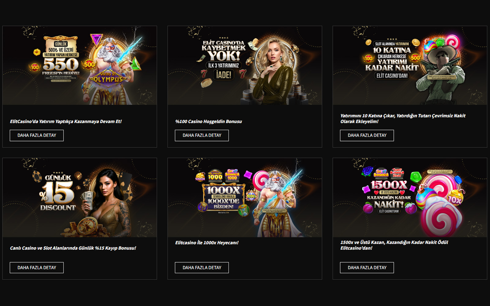 Elitcasino bonus sayfasında yeni üye hoş geldin bonus kampanyalarının listelendiği ekran görüntüsü.