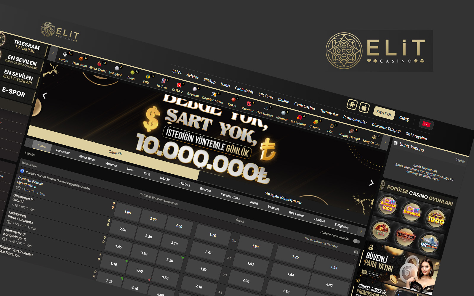 Elitcasino giriş ekranında ana banner altında öne çıkan ligler ve popüler maçların listelendiği bölüm.