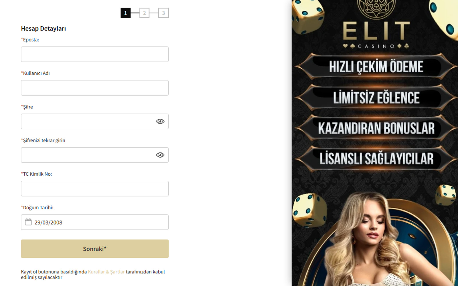 Elitcasino kayıt ekranında güvenli bağlantı ve veri koruması hakkında kısa uyarı metinlerinin bulunduğu bölüm.