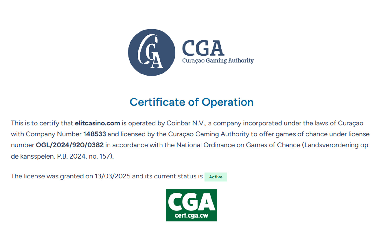 Elitcasino lisans ekranında ülke bilgisi, kayıtlı şirket unvanı ve lisans sağlayıcı kurumun yer aldığı tablo.