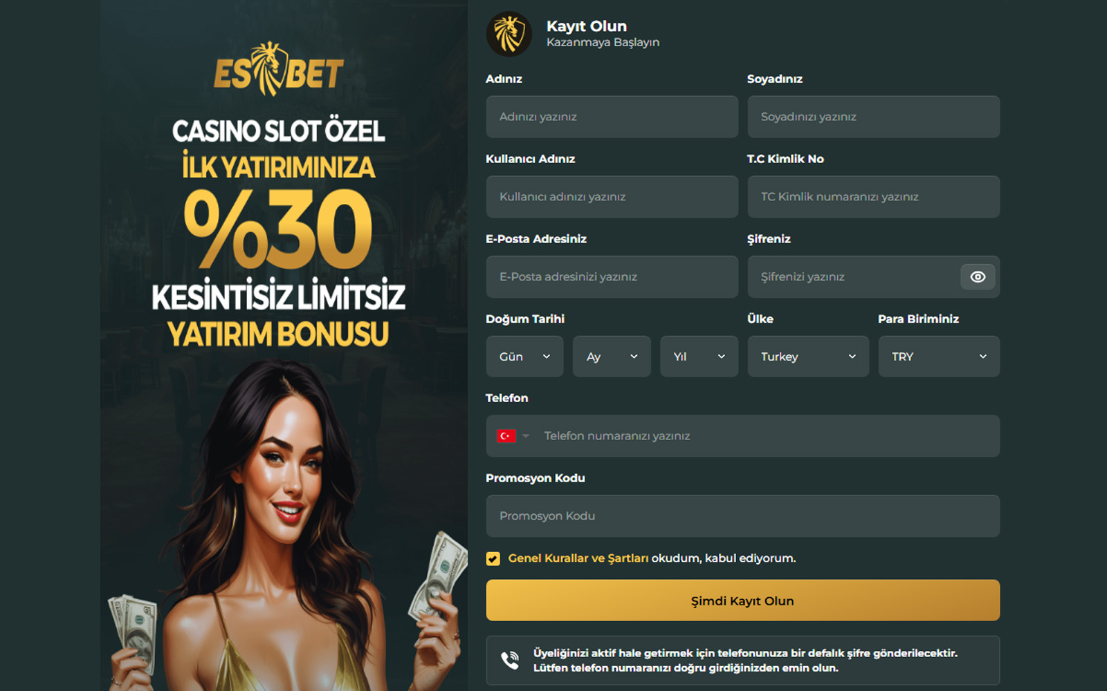 Esbet kayıt sayfasında adres ve şehir bilgilerinin ayrı satırlarda istendiği ayrıntılı form görünümü.