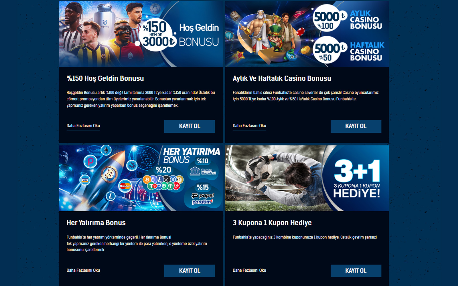 Funbahis bonus sayfasında yeni üye hoş geldin bonus kampanyalarının listelendiği ekran görüntüsü.