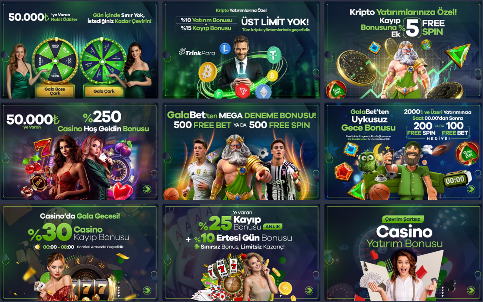 Galabet bonus sayfasında güncel kayıt bonus ve free spin promosyonlarının öne çıkarıldığı tasarım.