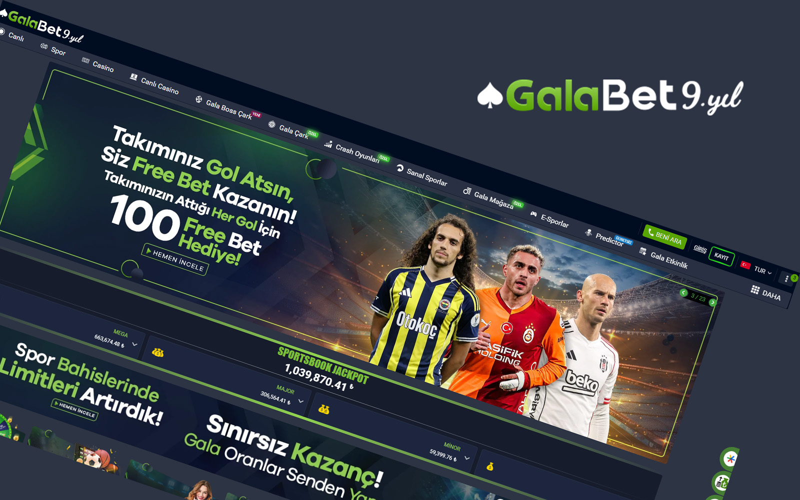 Galabet giriş anasayfasında sitenin genel yapısını yansıtan spor, casino ve promosyon bölümleri.