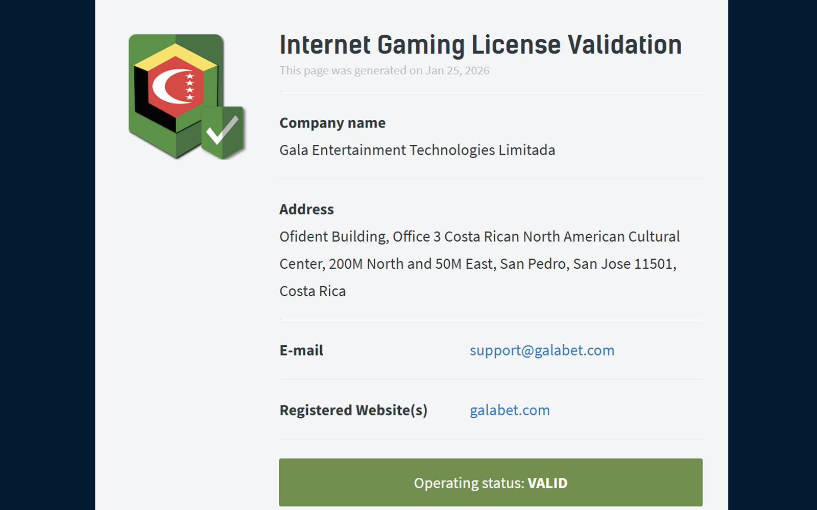 Galabet lisans sayfasında sorumlu oyun logoları ile birlikte lisans ve yasal uyarı metinlerinin yer aldığı görünüm.