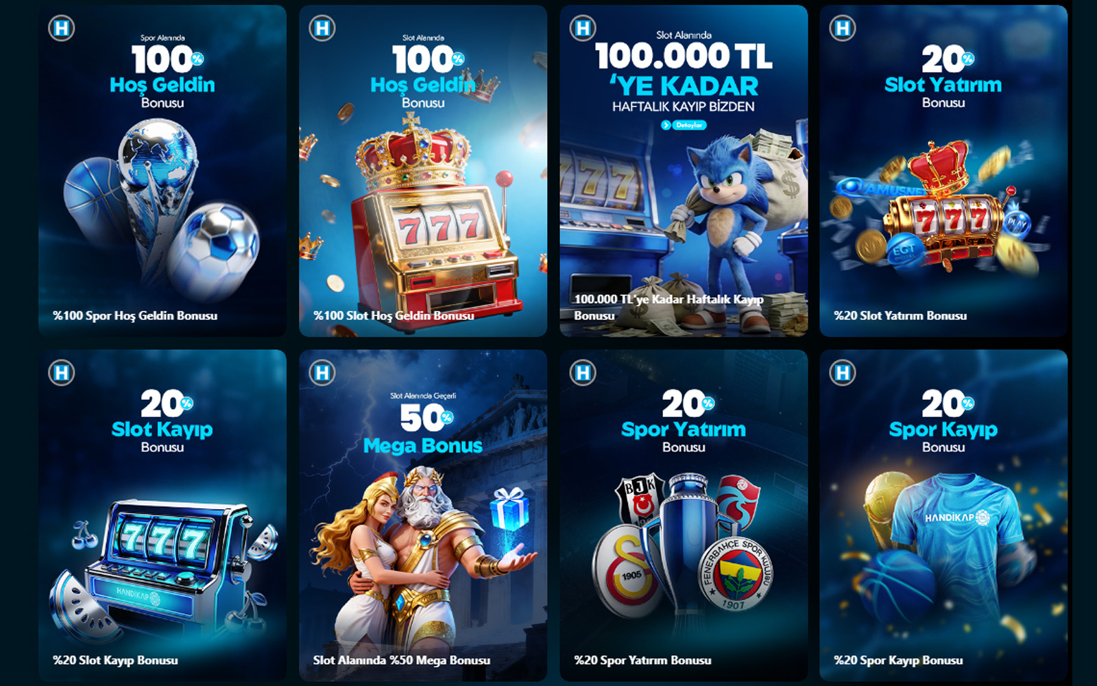 Handikap bonus sayfasında yeni çıkan kampanyaları vurgulayan öne çıkan bonus etiketiyle işaretli kutucuklar.