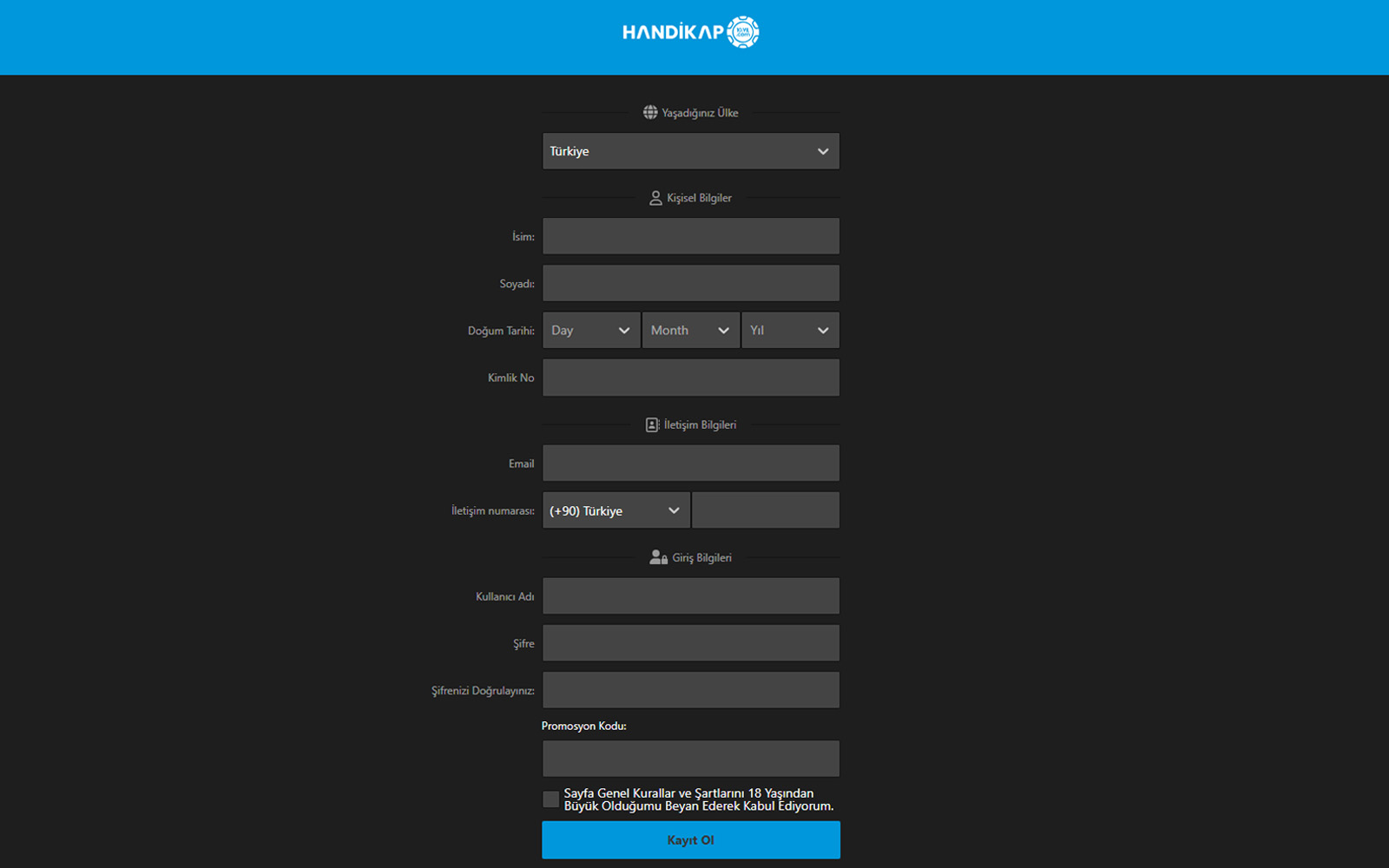 Handikap kayıt ekranında şifre belirleme ve şifre tekrar alanlarının alt alta sıralandığı görünüm.